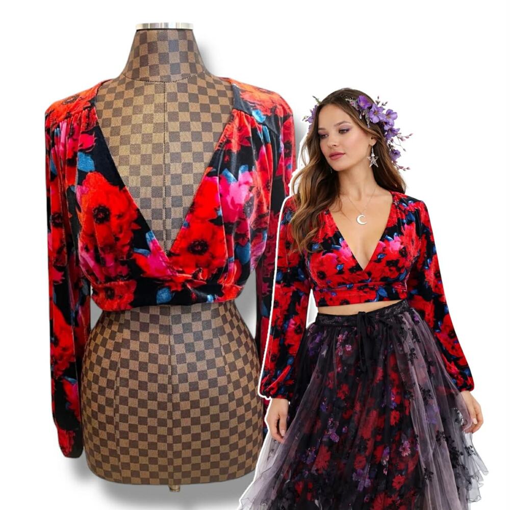 Bar III Red Floral Velvet Crop Top L V Neck Long Sleeve Whimsigoth Y2K